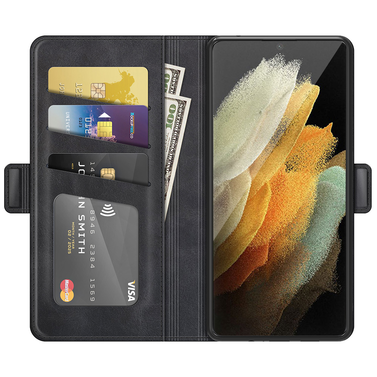 Zwarte telefoonhoes. Open, met telefoon, kaarten en contant geld zichtbaar. Telefoon toont een oranje en geel scherm.