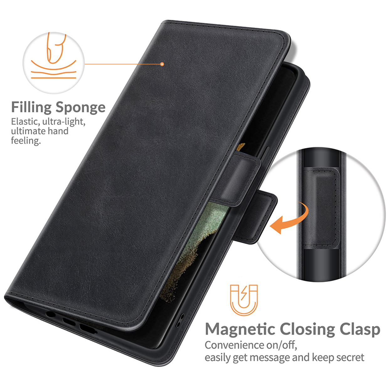 Zwarte leren telefoonhoes open. Toont telefoon binnenin. Heeft magnetische sluiting.