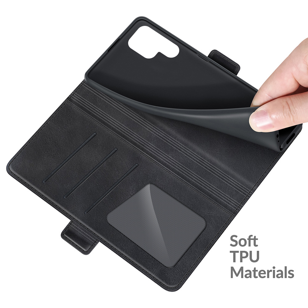 Zwarte telefoonhoes open, hand tilt het binnenste deel op. Tekst Soft TPU Materials zichtbaar.