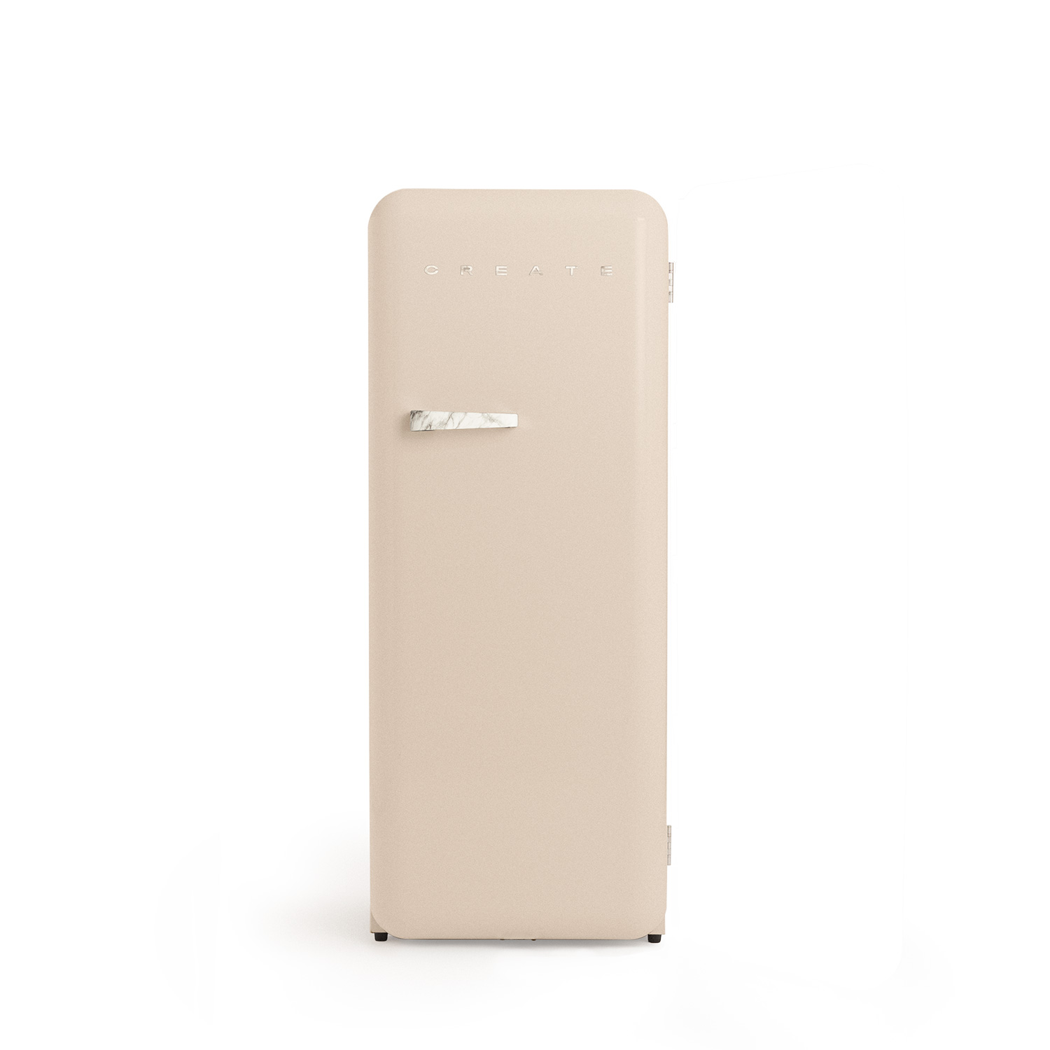 Refrigerador beige de estilo retro con manija plateada. La marca es Create.