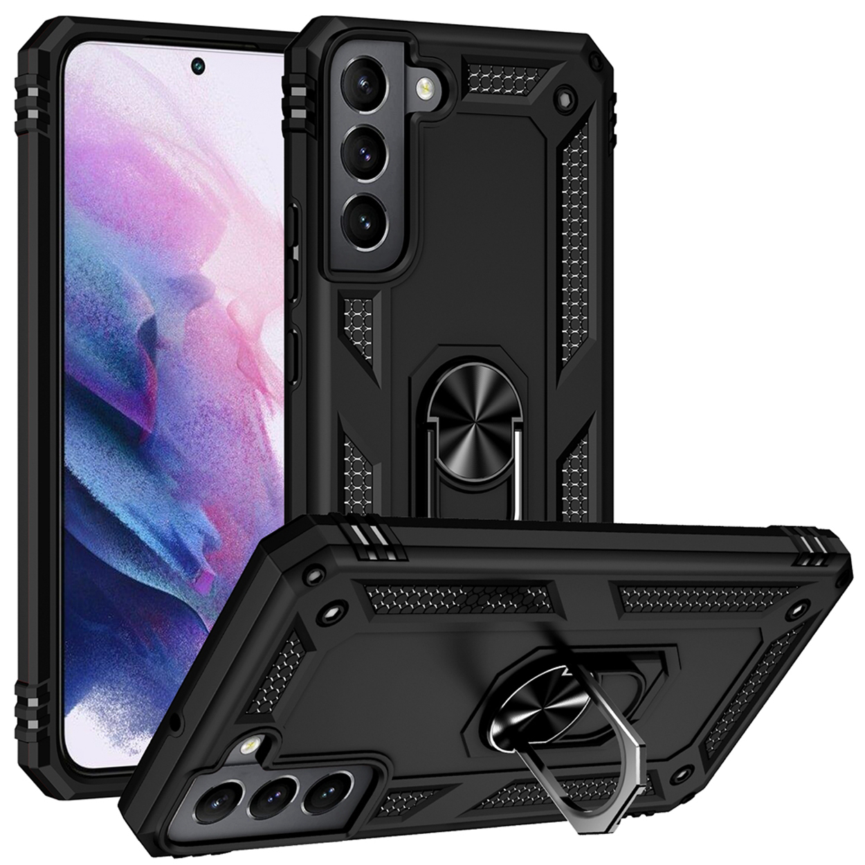 Zwarte telefoonhoes met een ringhouder en een telefoon erin. Nog twee hoesjes worden in verschillende hoeken getoond.