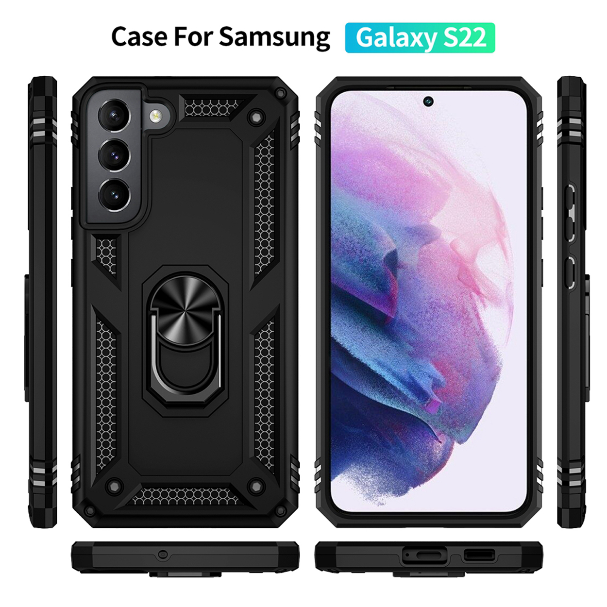 Zwarte telefoonhoes met ringhouder, vanuit meerdere hoeken getoond. Tekst: Hoesje voor Samsung Galaxy S22.