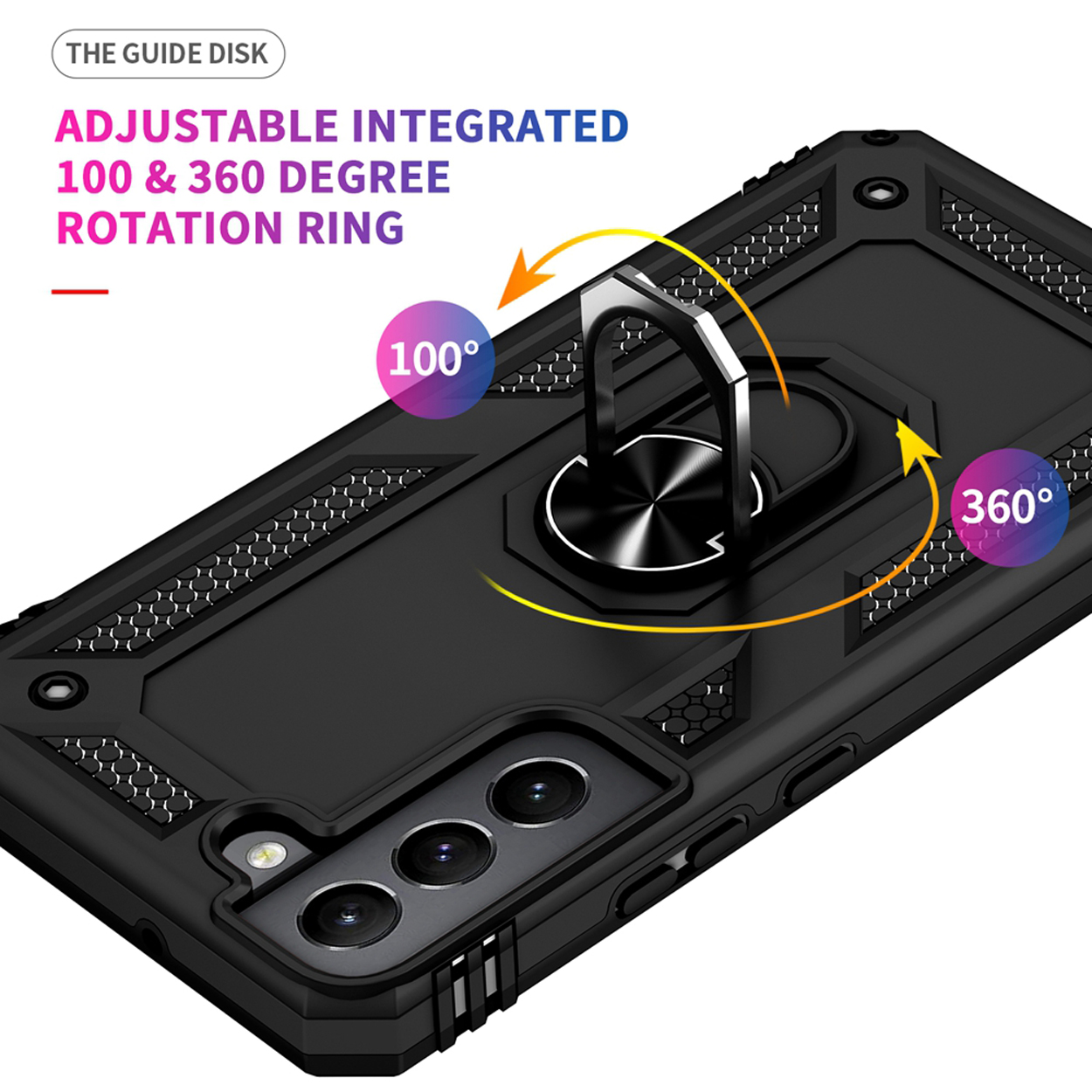 Zwarte telefoonhoes met een draaiende ring. Biedt 100 en 360 graden rotatie, aangegeven met pijlen.