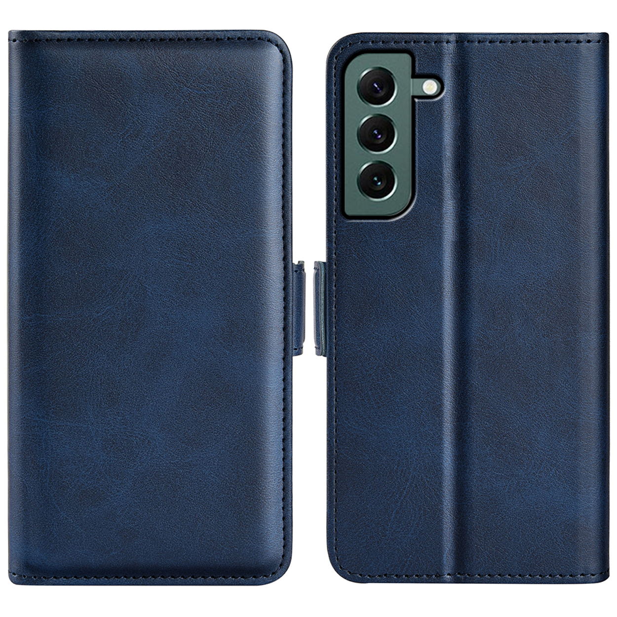 Blauwe leren telefoonhoes, open en dicht. Beschikt over drie cameralenzen en een magnetische sluiting.