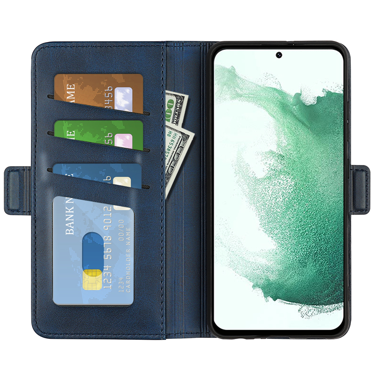 Open blauwe telefoonhoes. Het toont creditcards, contant geld en een telefoon. De hoes is open.