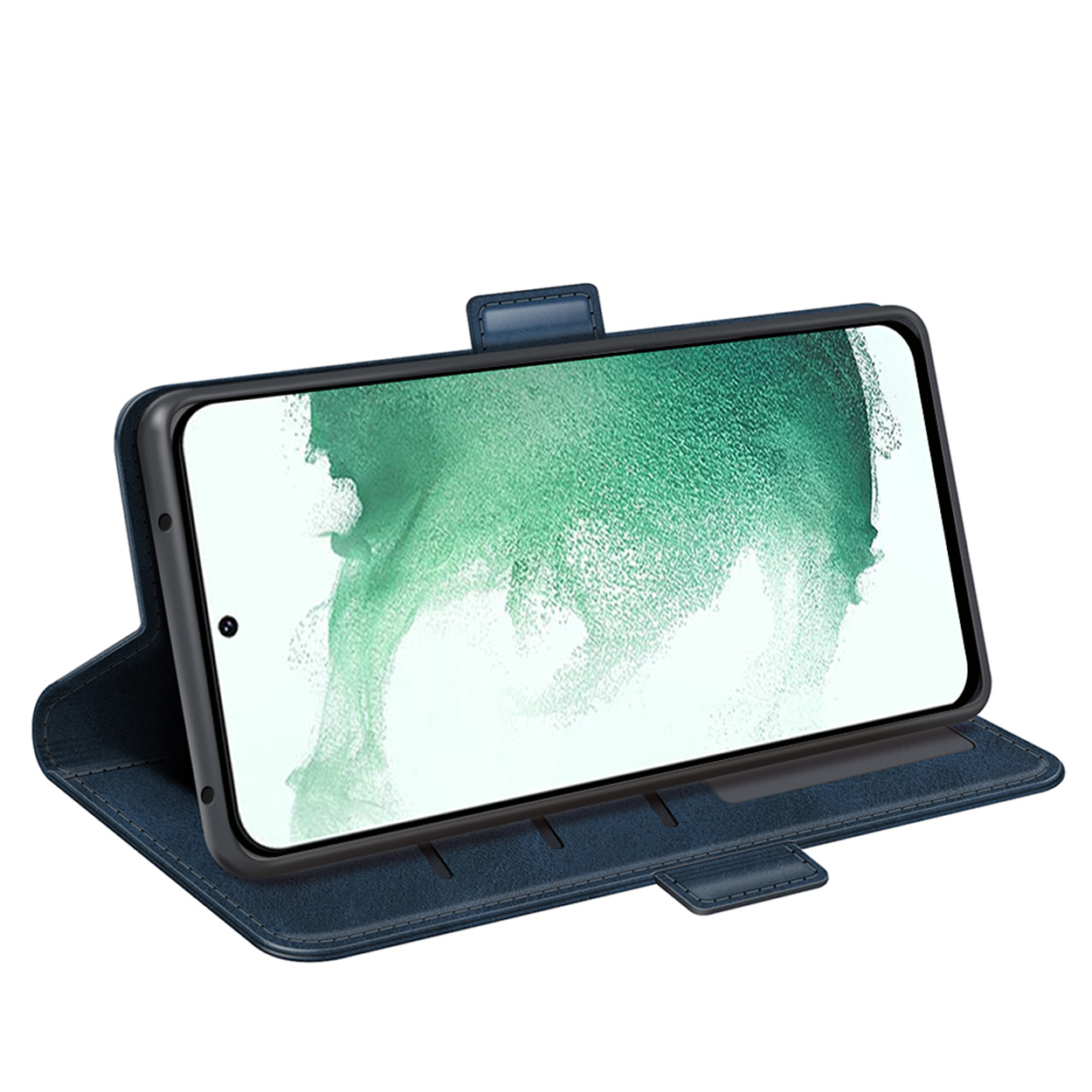 Een open blauwe portemonnee-telefoonhoes met een telefoon erin. De telefoon zit in de hoes.