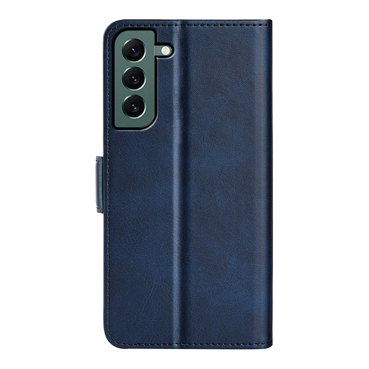 Donkerblauwe telefoonhoes, gesloten, met camera-uitsparingen en flap.