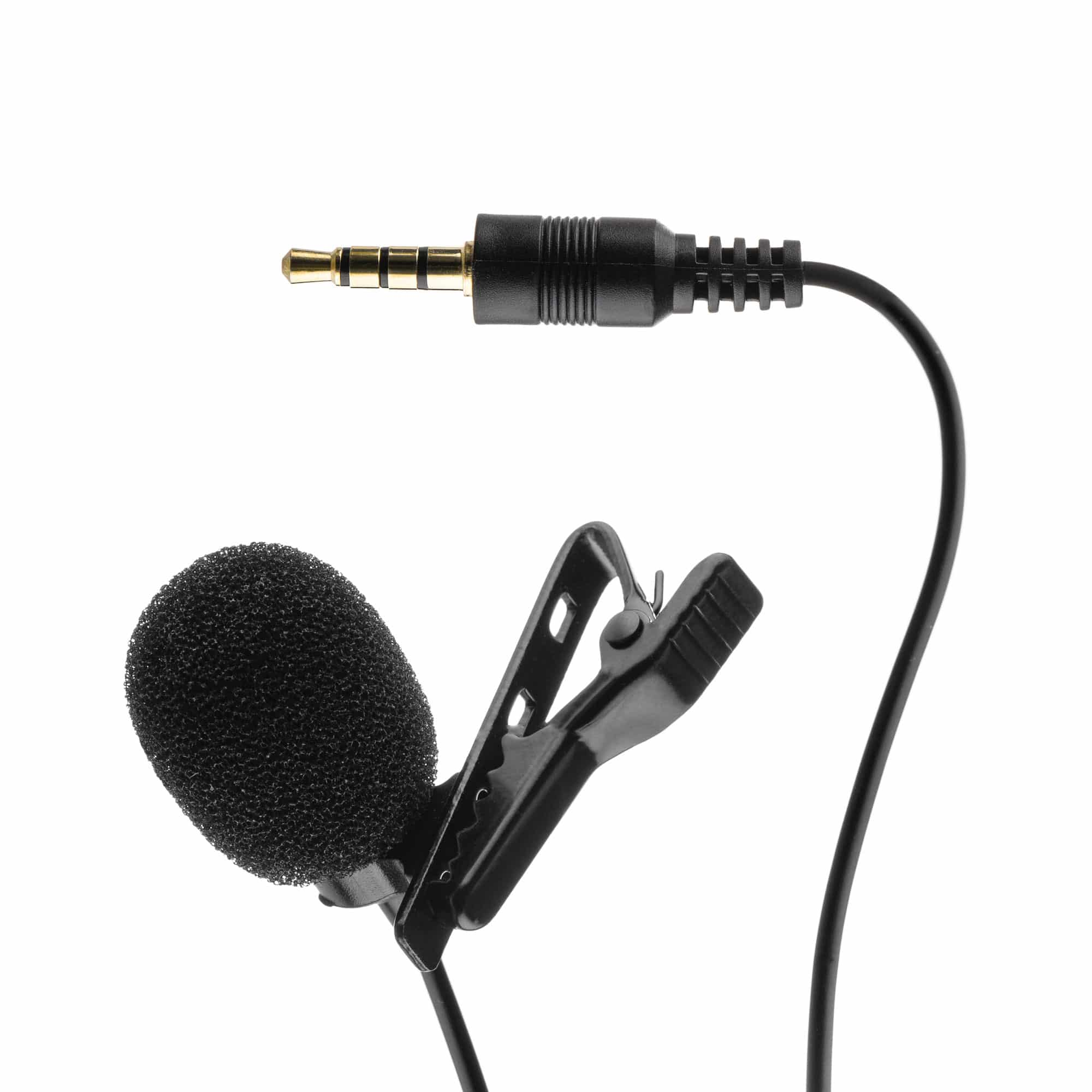 A black lapel microphone with a foam cover, a clip, and a connector. It's on a white background.