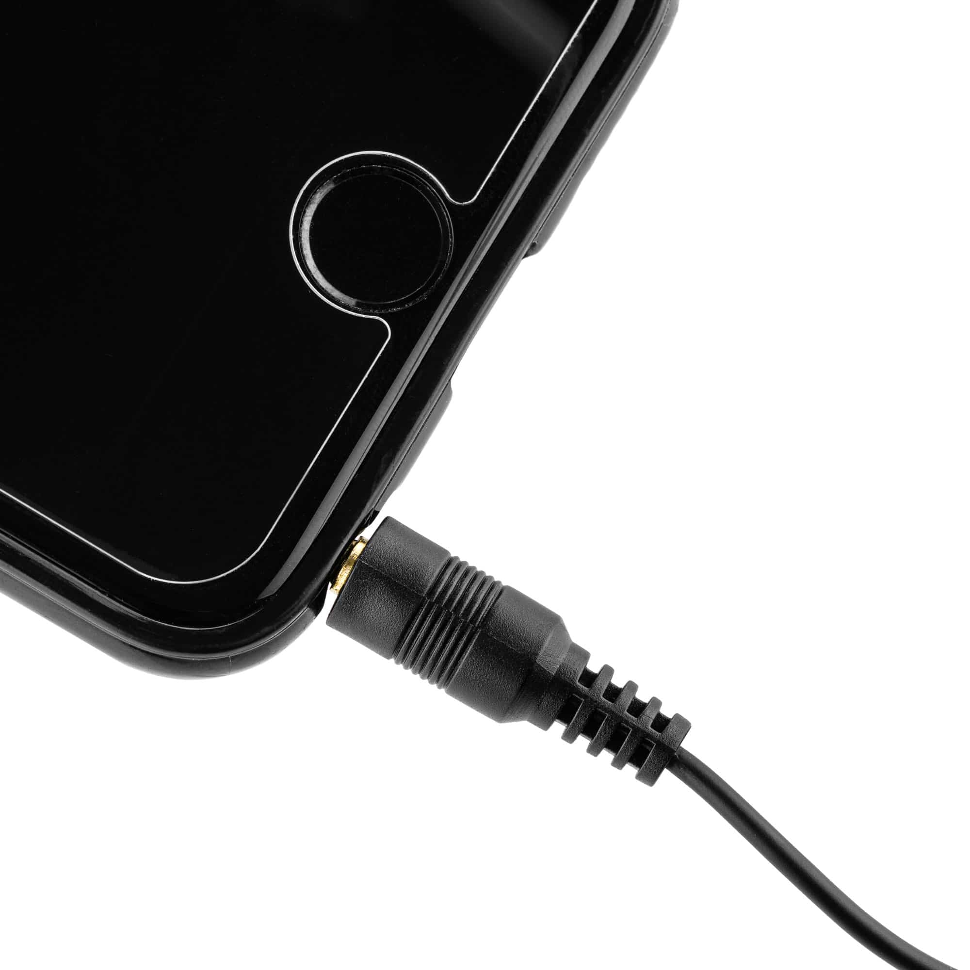 Black phone with headphone jack. Black cable inserted. White background.