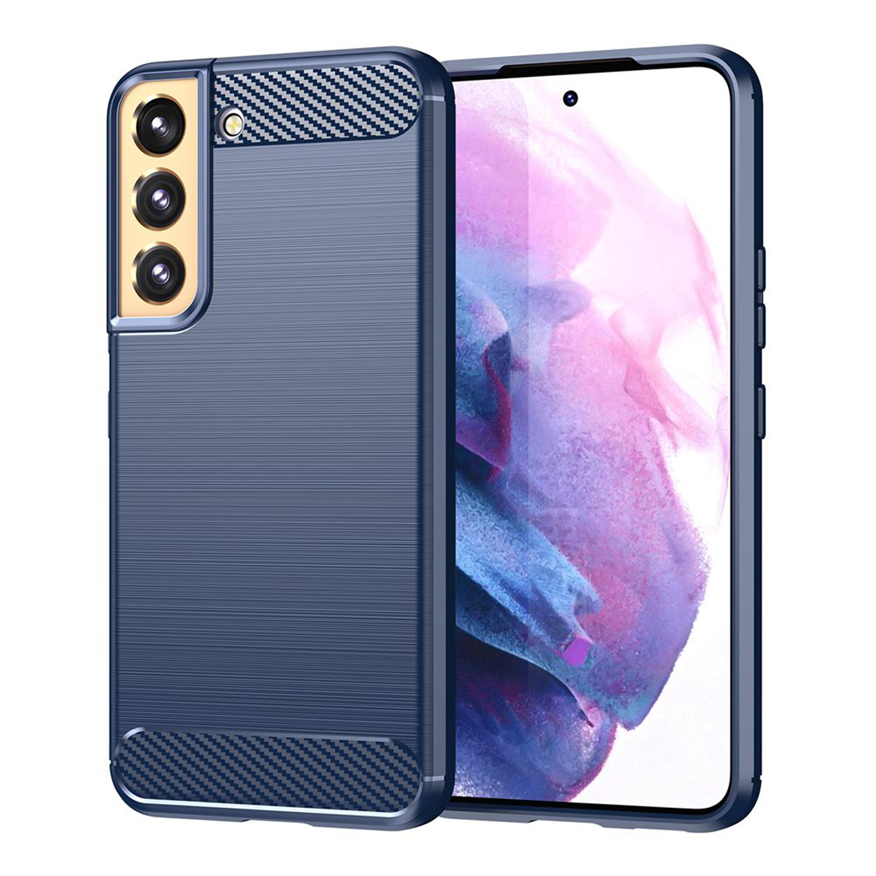 Blauwe telefoonhoes met een telefoon erin. De achtergrond is wit.