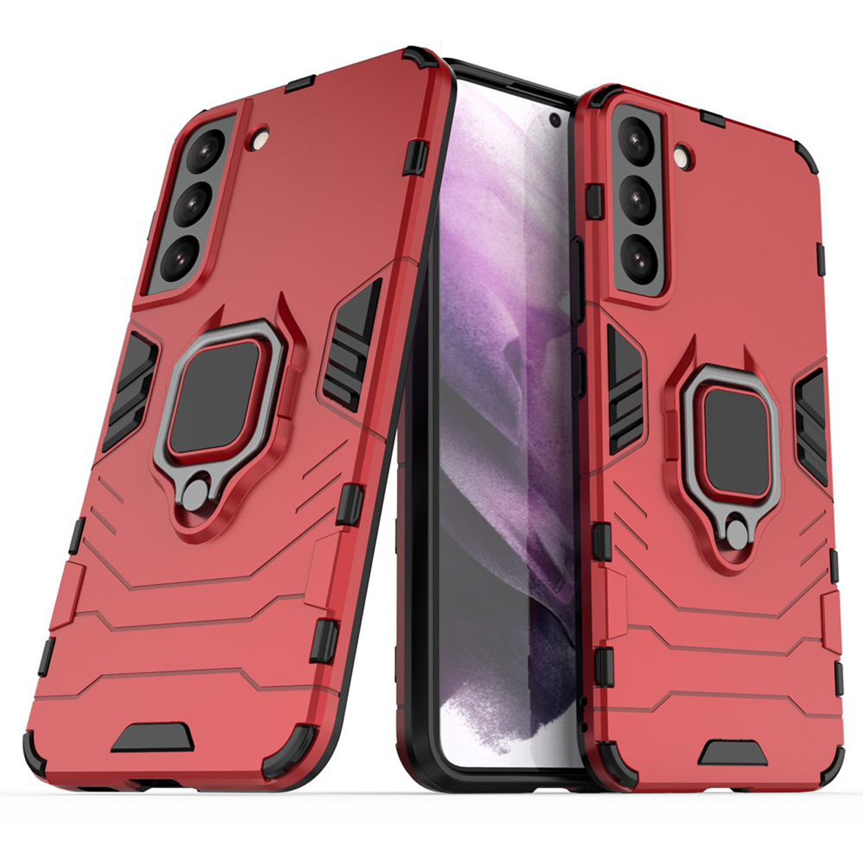 Rode telefoonhoes met ringhouder, vanuit verschillende hoeken getoond. Het heeft een robuust ontwerp.