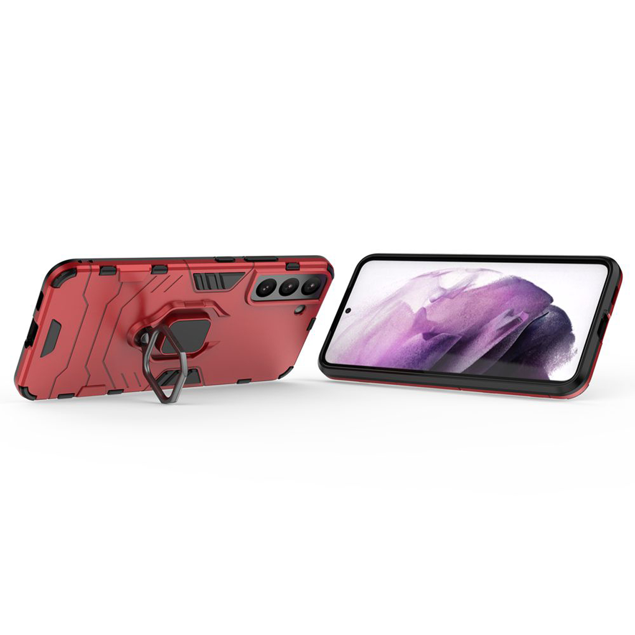 Rode telefoonhoes met een ringhouder en een telefoon erin. De telefoonhoes staat op een witte achtergrond.