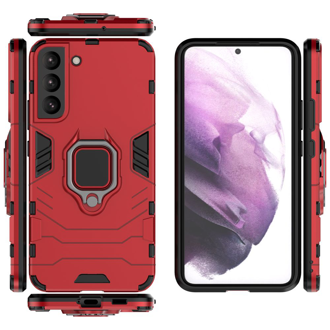 Rode telefoonhoes, meerdere weergaven. Rood en zwart ontwerp met ringhouder.