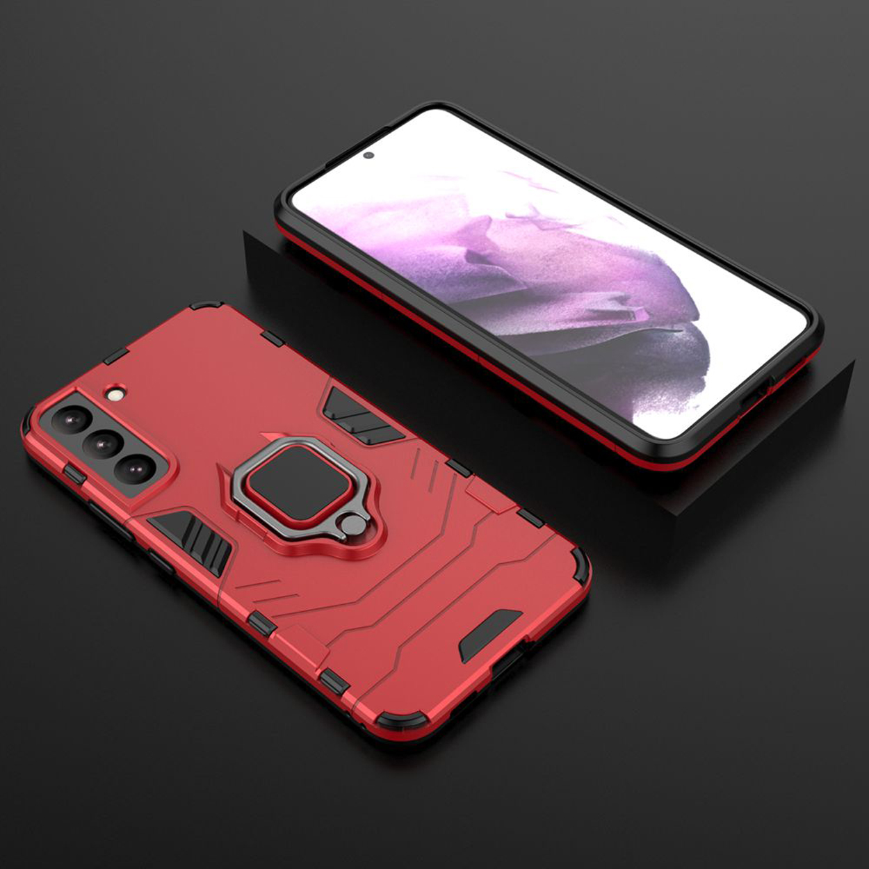 Rode telefoonhoes met ringhouder, naast een telefoon. Zwarte achtergrond, telefoon rechts.