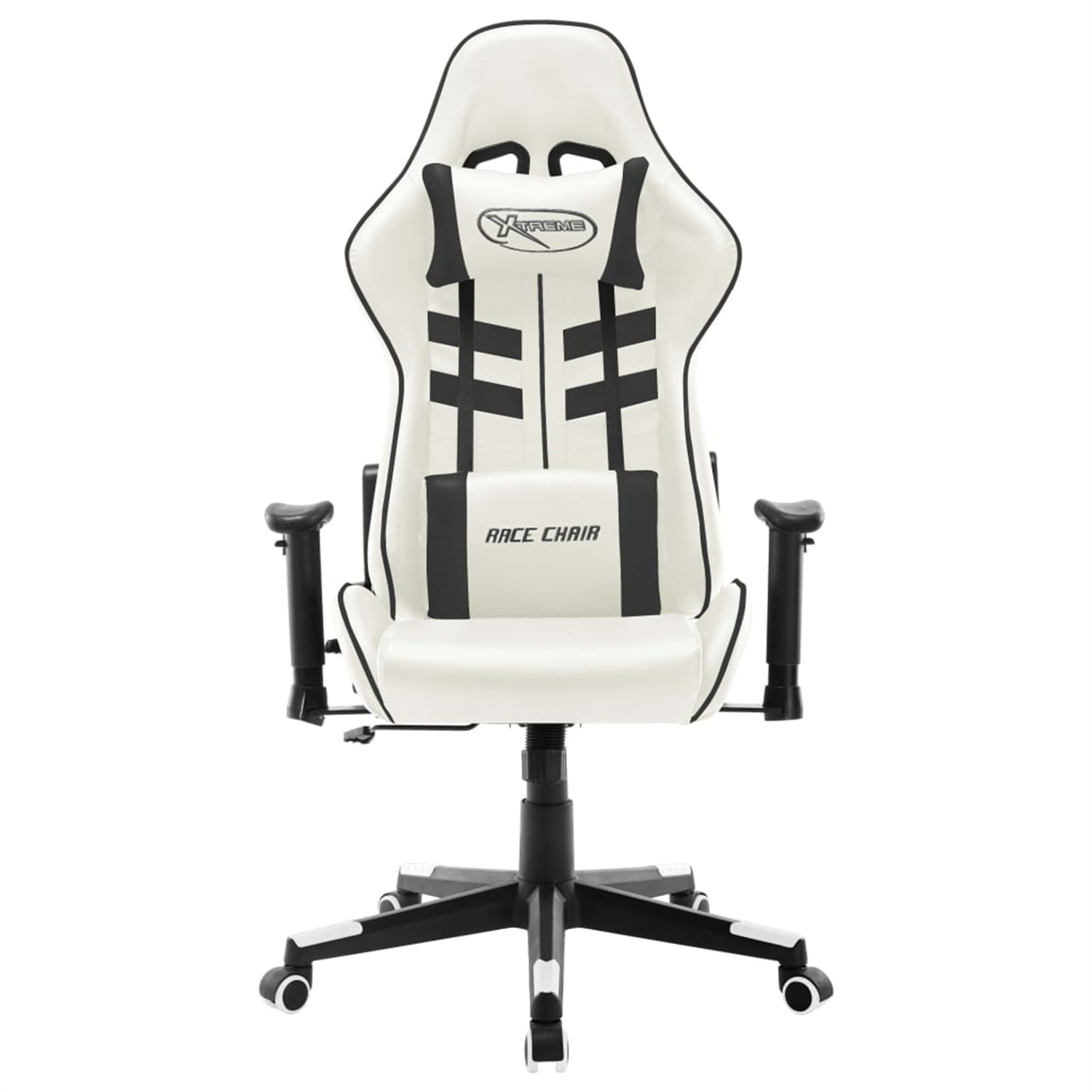 Weißer und schwarzer Rennstuhl. Der Stuhl hat ein Logo mit 'Xtreme' und 'RACE CHAIR'.