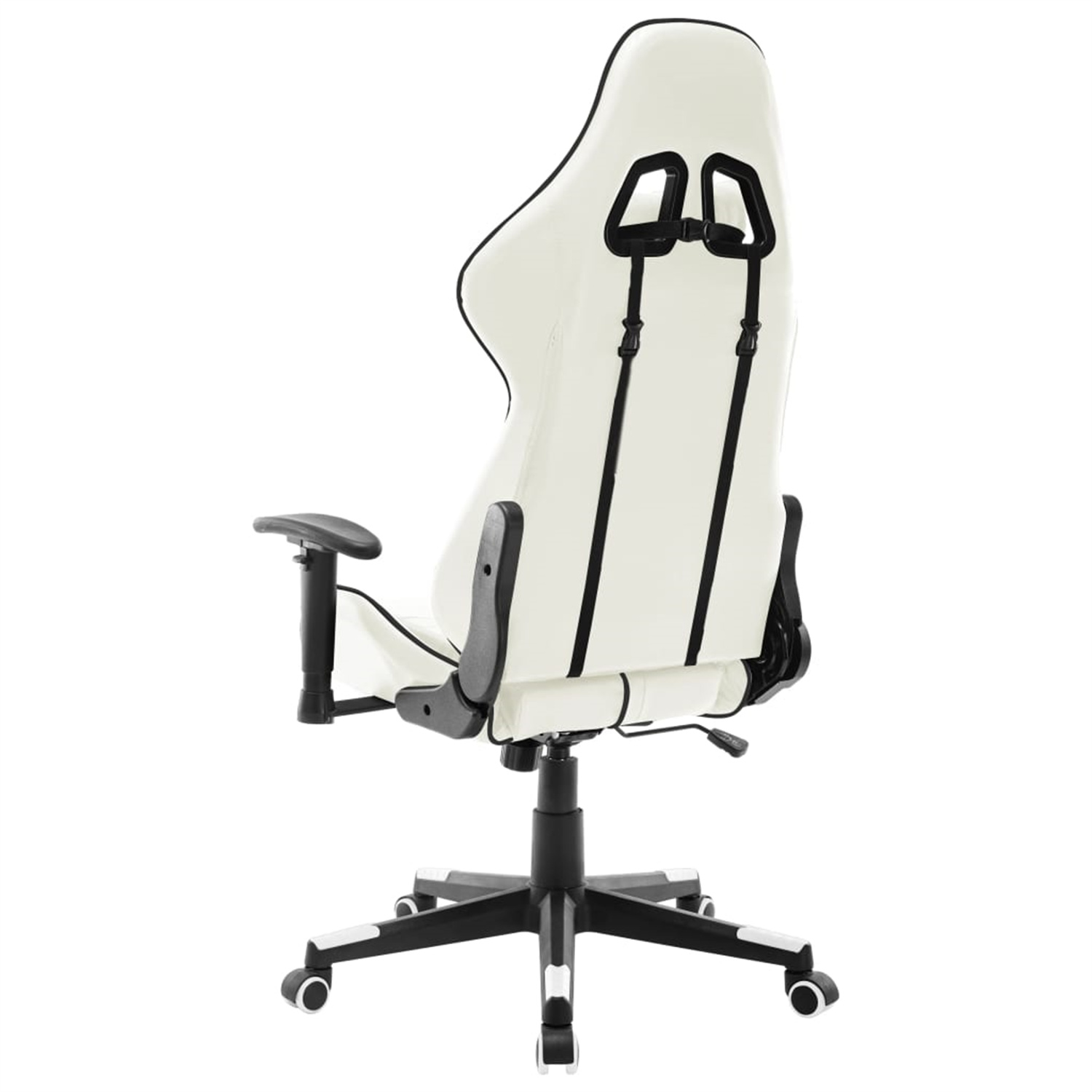 Ein weißer Gaming-Stuhl mit schwarzen Akzenten, von hinten gesehen. Es hat ein geschwungenes Design.