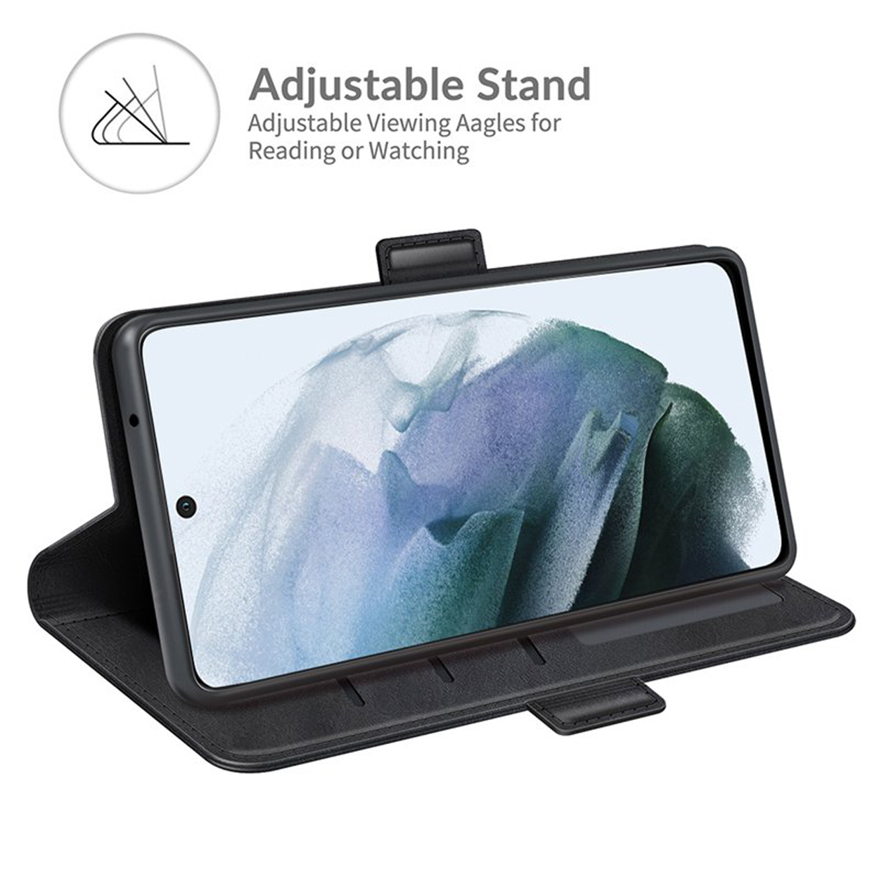 Zwarte telefoonhoes met telefoon. Verstelbare standfunctie. Zwarte kleur.