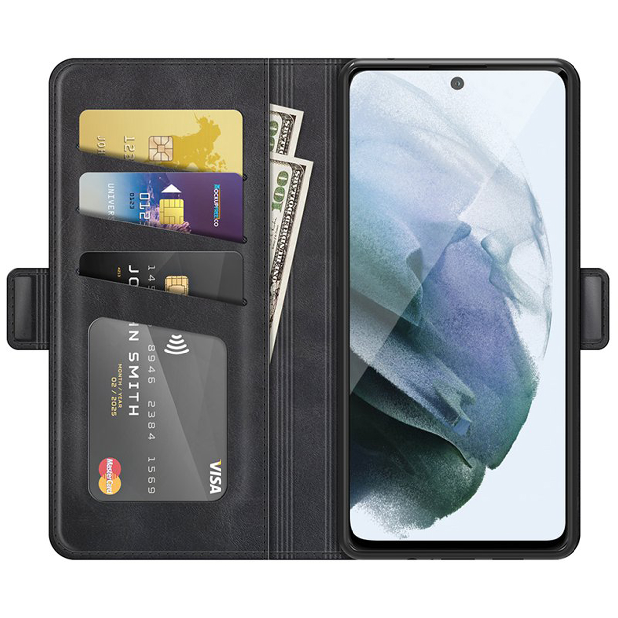 Zwarte leren portemonnee-telefoonhoes. Open, met kaarten en geld. Telefoon is binnenin zichtbaar.