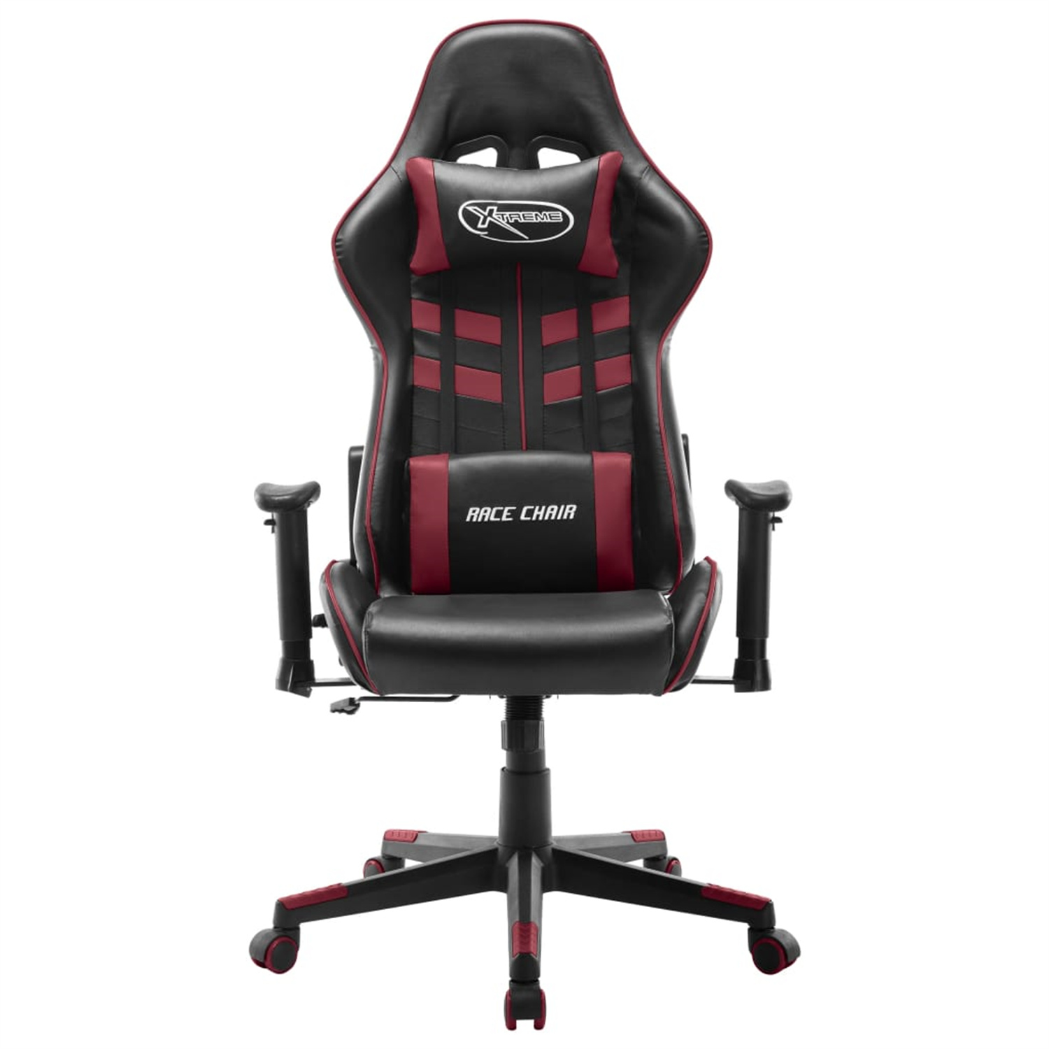 Ein schwarz-roter Gaming-Stuhl mit Kopfstütze und Lendenwirbelstütze auf weißem Hintergrund.