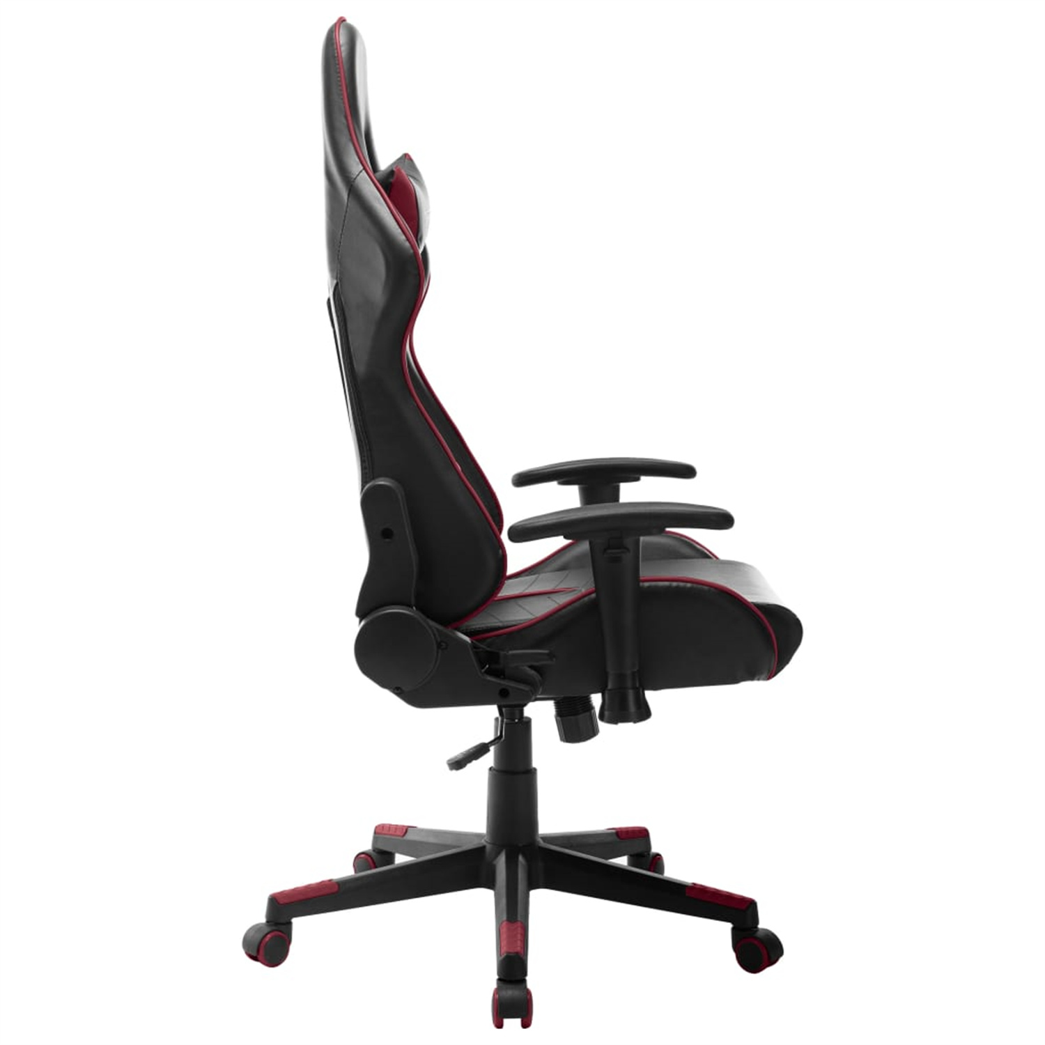 Schwarzer und roter Gaming-Stuhl, Seitenansicht. Ergonomisches Design mit Rädern.