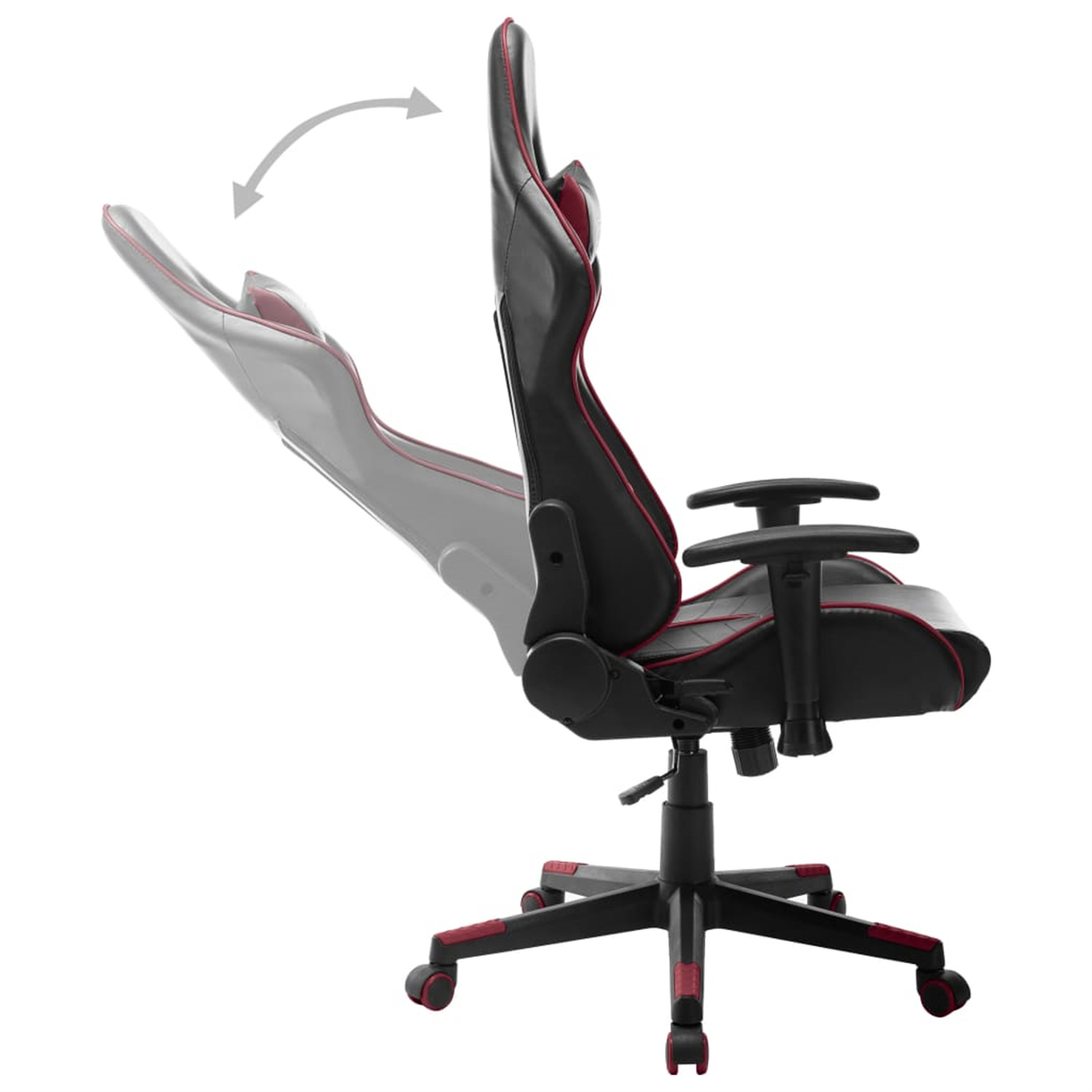 Ein schwarz-roter Gaming-Stuhl mit gewölbtem Rücken. Seitenansicht, weißer Hintergrund.