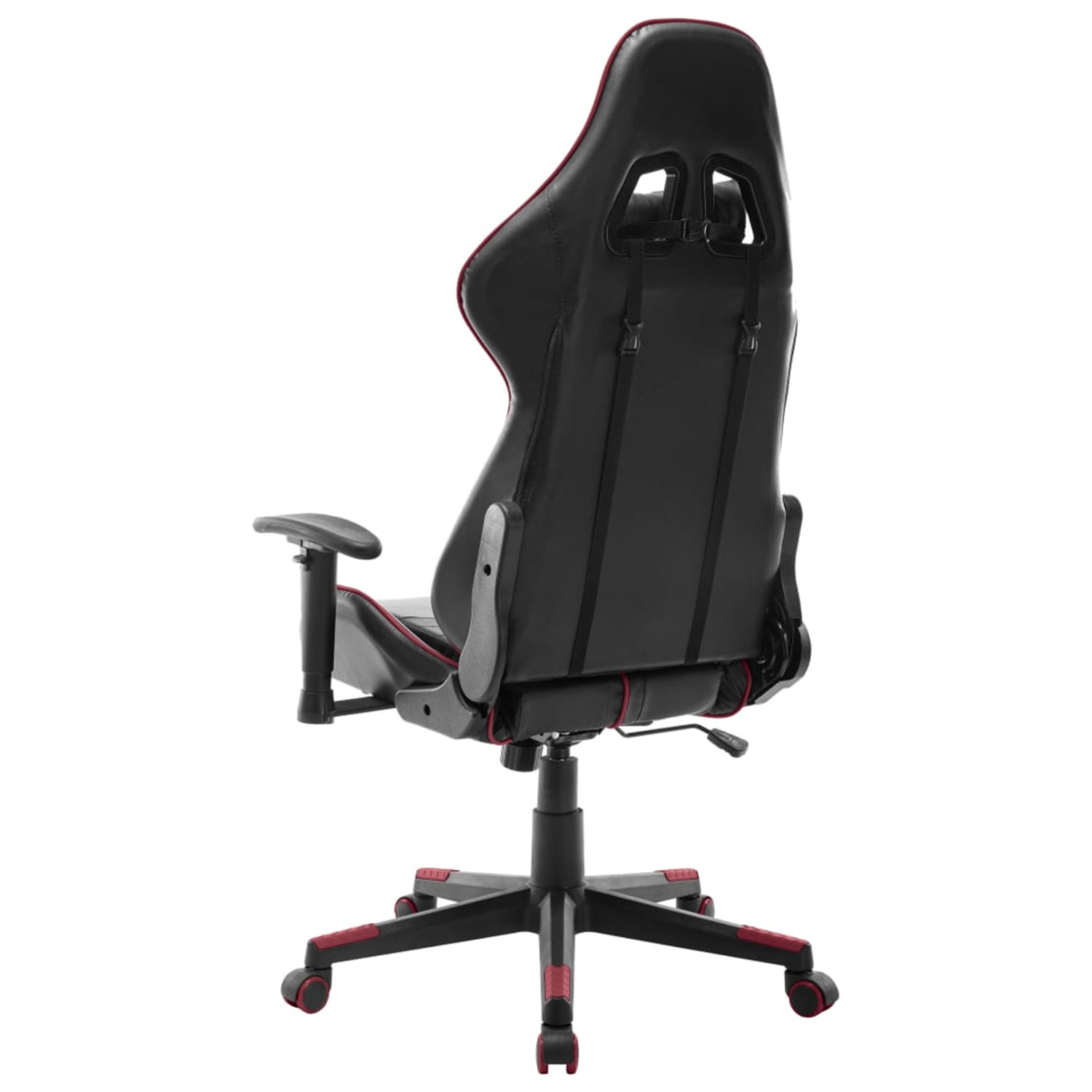 Rückansicht eines schwarzen Gaming-Stuhls mit roten Zierleisten. Er hat eine hohe Rückenlehne und ist auf Rädern.