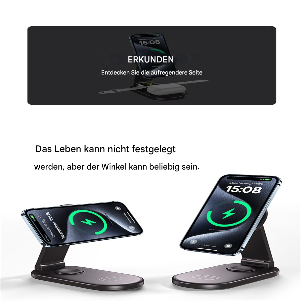 Zwei schwarze Telefonständer mit iPhones. Ein Telefon ist abgewinkelt, das andere flach. Ein Ladepad ist sichtbar.