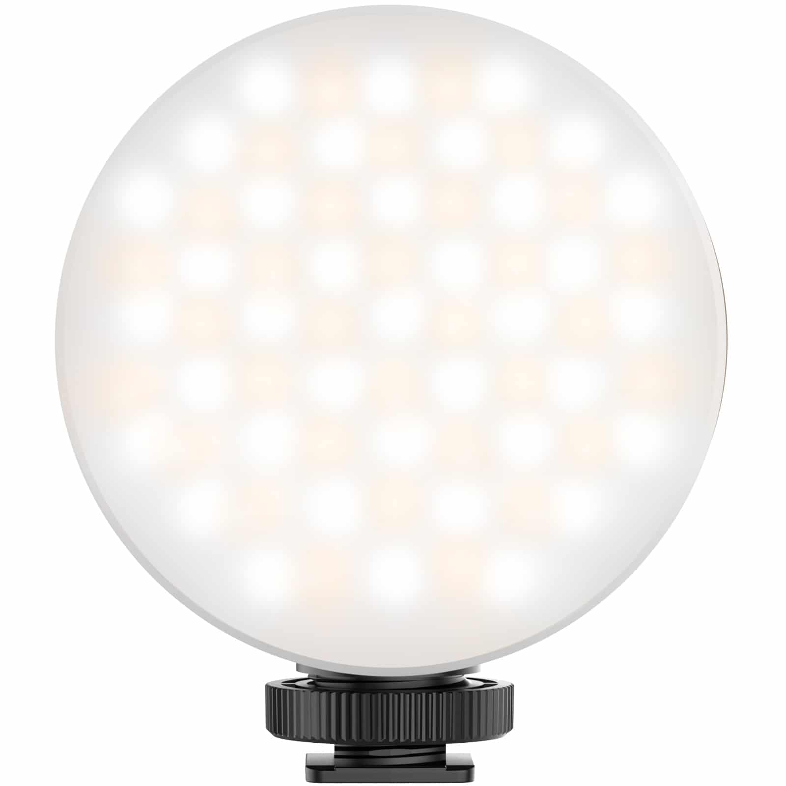 Round, white LED light with many small lights, black mount.