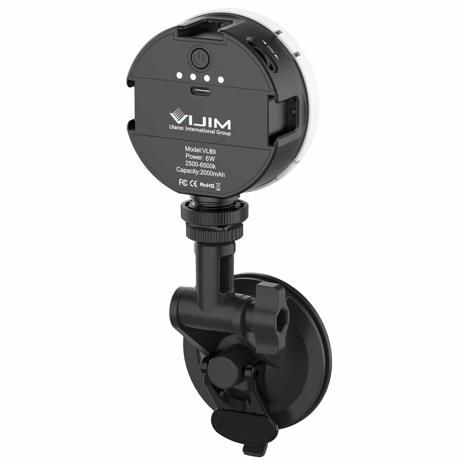 A black and white Ulanzi LED video light with a suction cup mount. The light has power indicators.