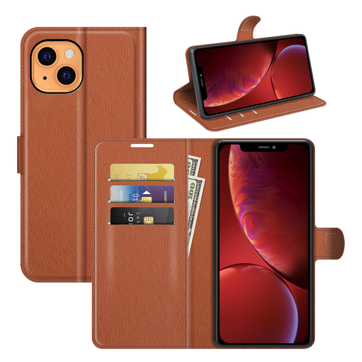 Bruine leren telefoonhoes portemonnee met kaarten, geld en telefoon.