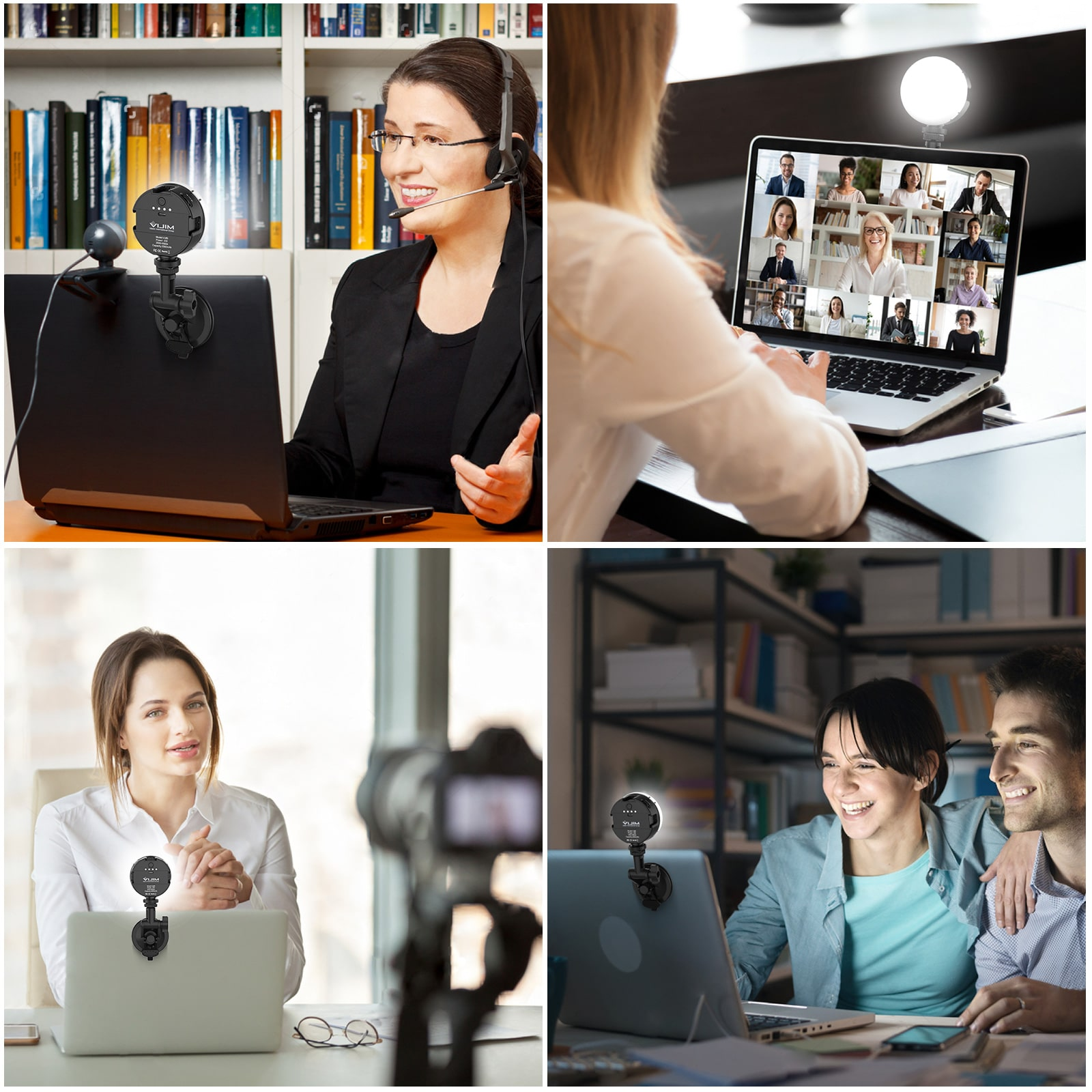 Multiple scenes of people using a laptop with a ring light and a webcam.