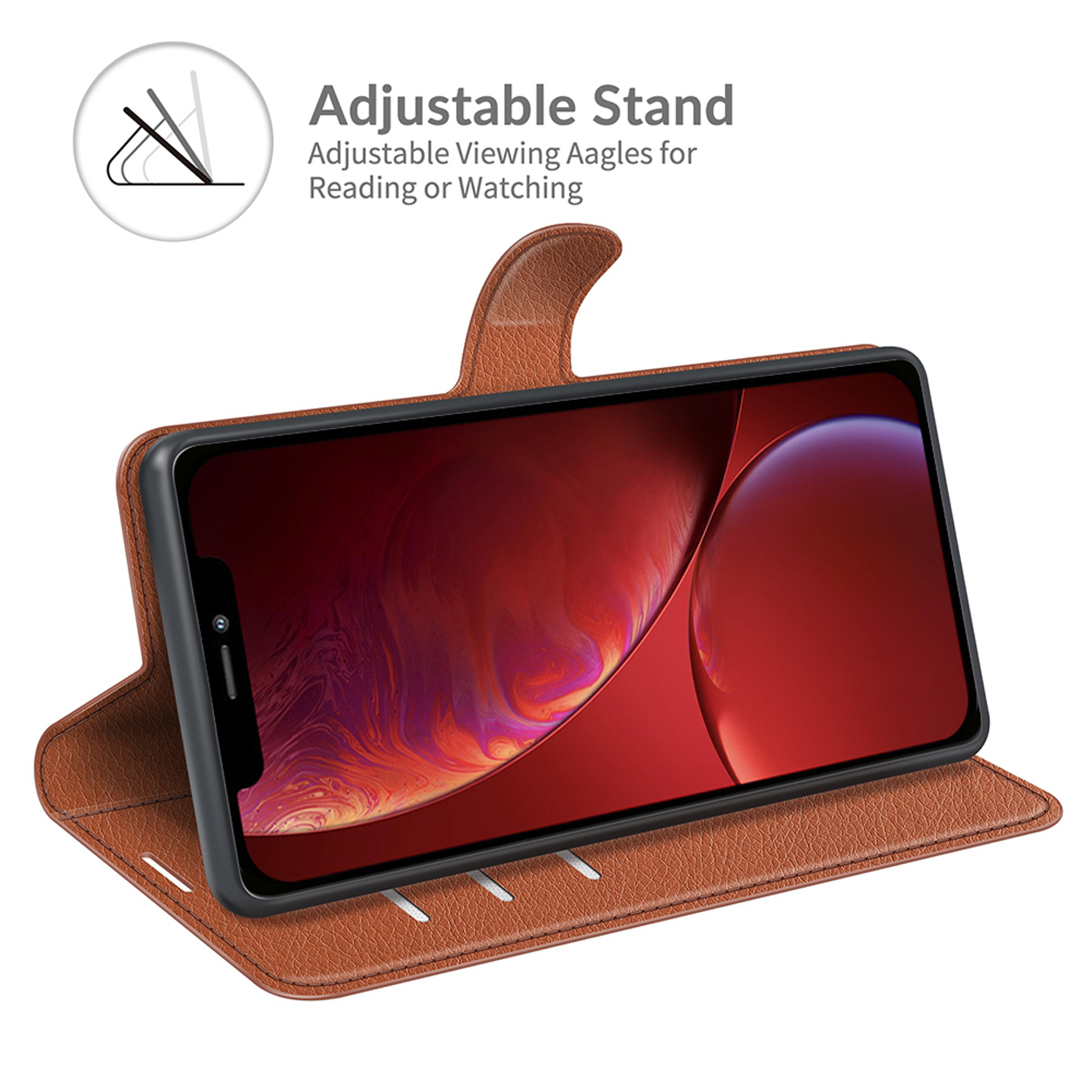 Bruine leren telefoonhoes met telefoon erin, verstelbare standaard en tekstoverlay.