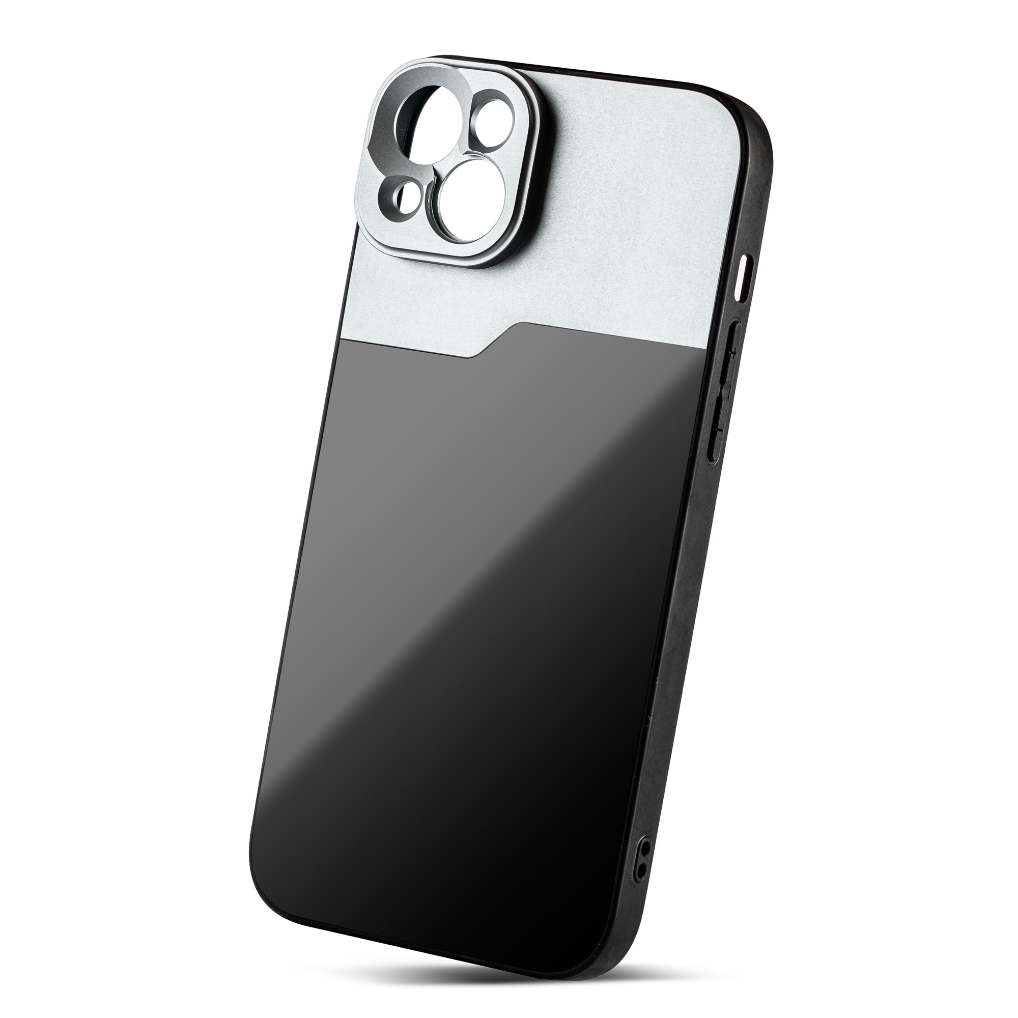 Black and silver phone case. Silver camera ring. Glossy black back. Angled view, white background.