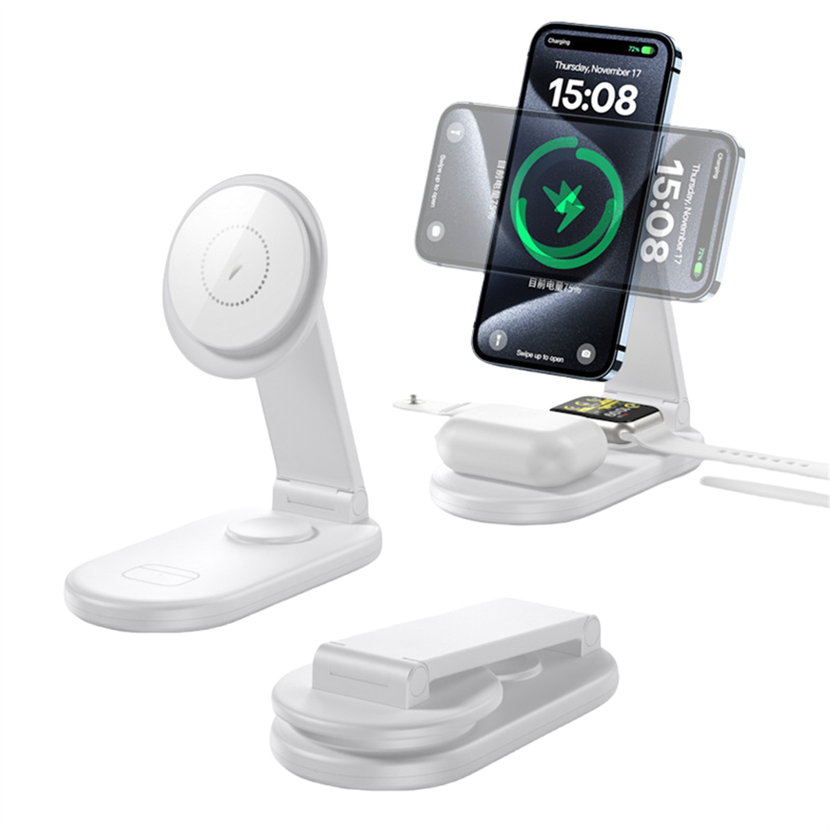 Ein weißer, faltbarer Ladeständer mit einem Telefon, AirPods und einem Ladegerät. Das Telefon zeigt die Uhrzeit an.