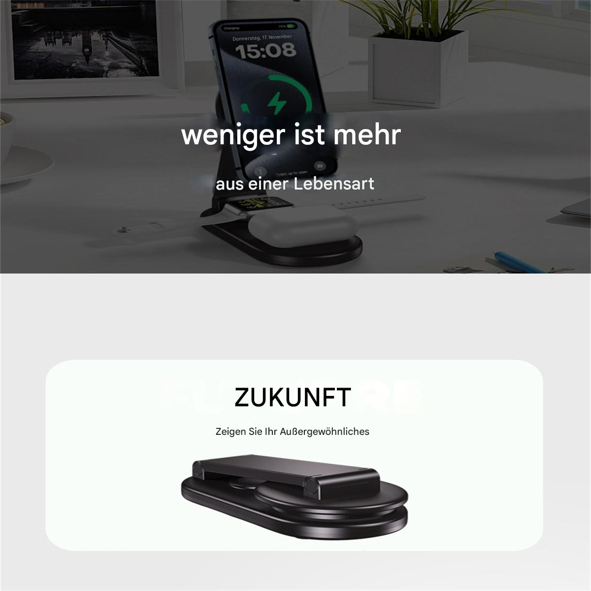 Ein schwarzer Ladeständer mit Telefon und Uhr, mit Textüberlagerung.