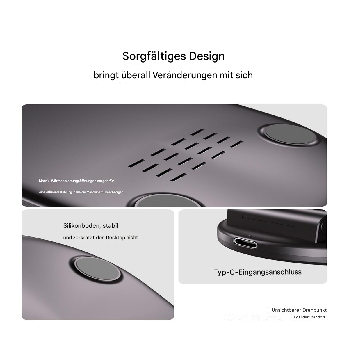 Detail eines dunklen Geräts mit Text über Design und Kühlung.