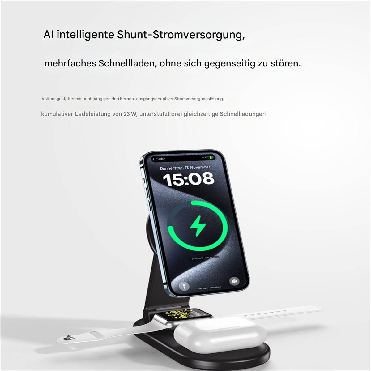 Ein Telefon auf einem Ladegerät, eine Apple Watch und Airpods stehen auf einer schwarzen Ladestation.