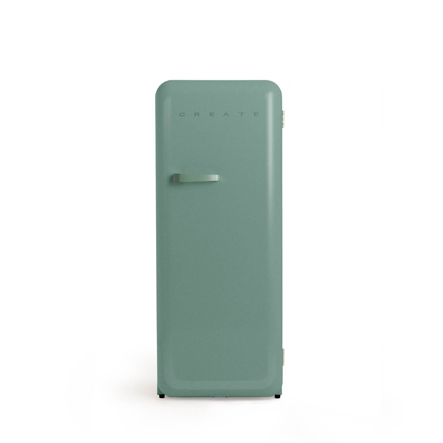 Refrigerador verde menta. 'CREATE' está impreso en la puerta. Fondo blanco.