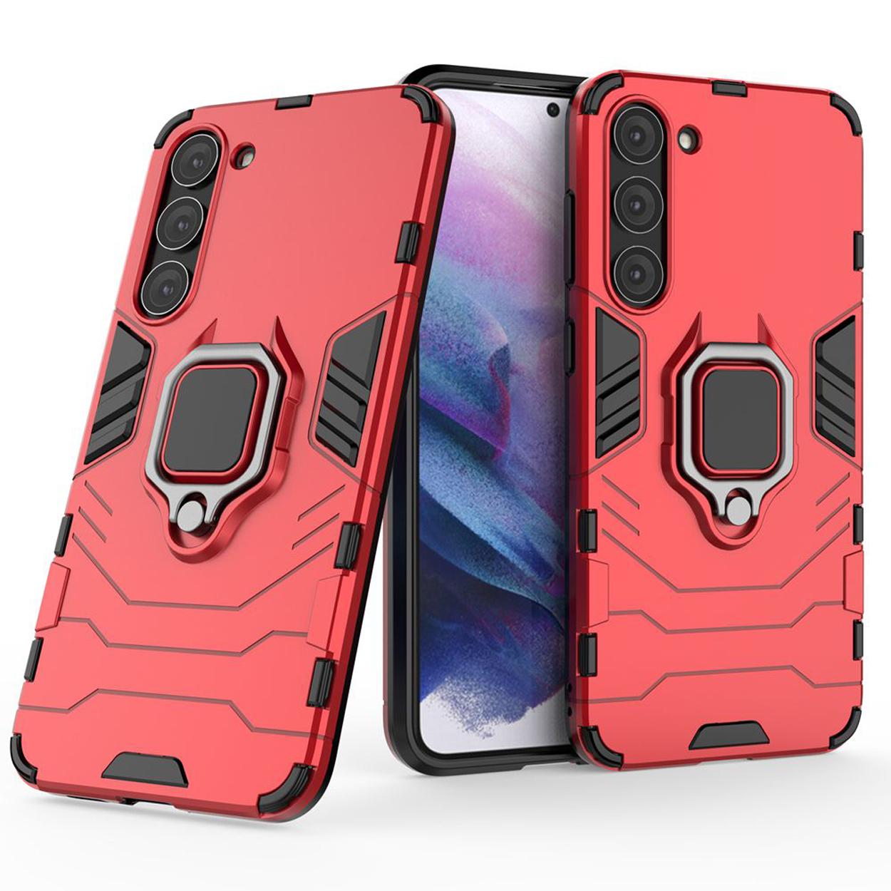 Rode telefoonhoesjes met een ringhouder en telefoon erin. De hoesjes staan op een witte achtergrond.
