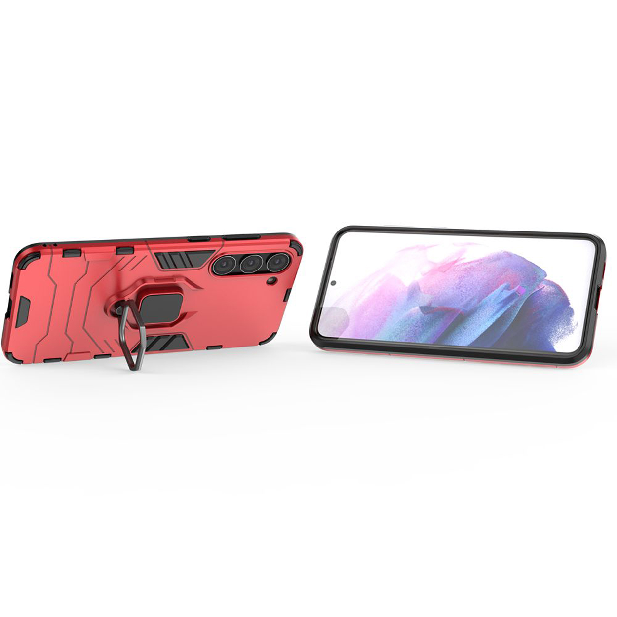 Rode telefoonhoes met ringhouder in landschapsweergave. Telefoon rechts. Witte achtergrond.