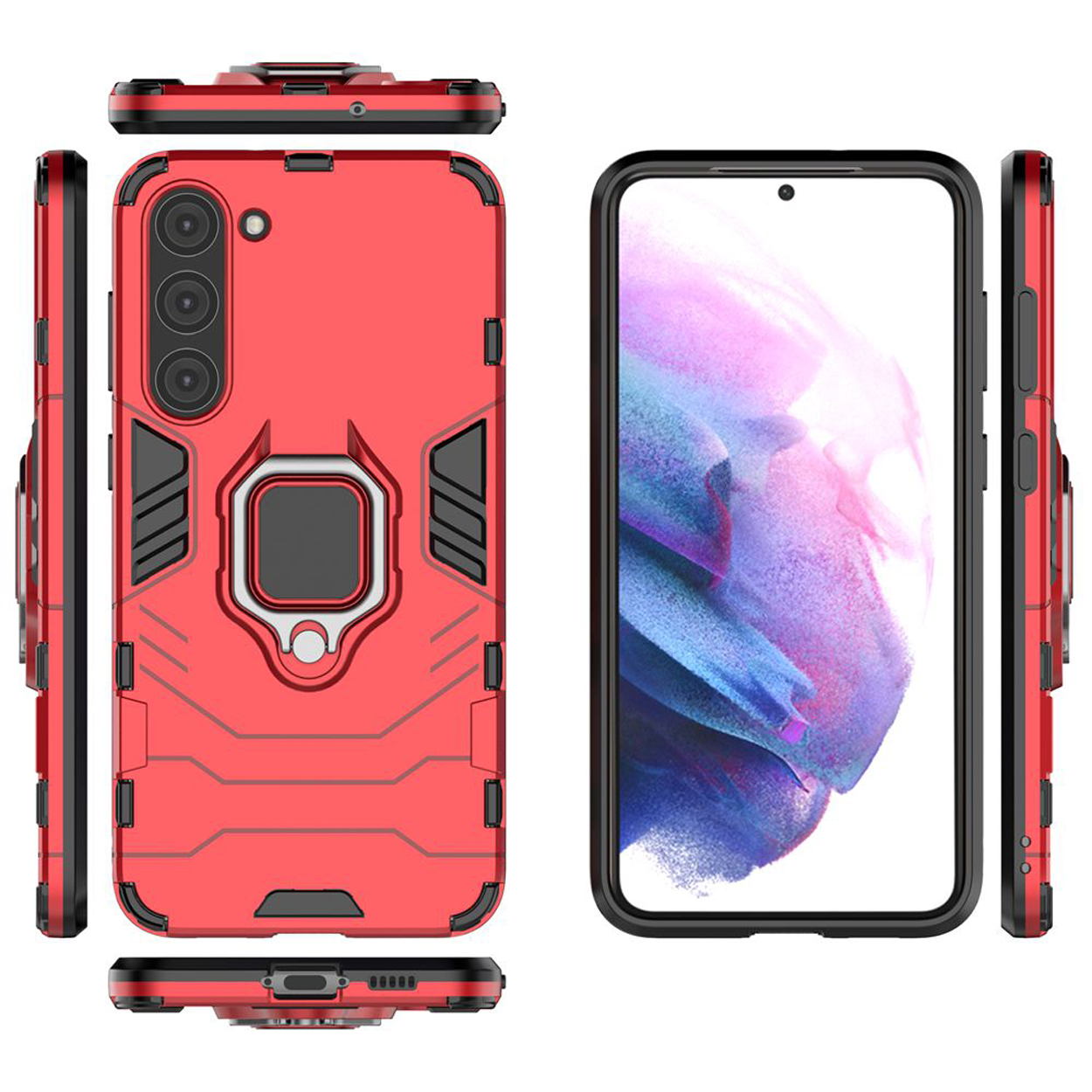 Rode telefoonhoes. Er worden meerdere weergaven van de telefoonhoes getoond. Er zit een ringhouder op.