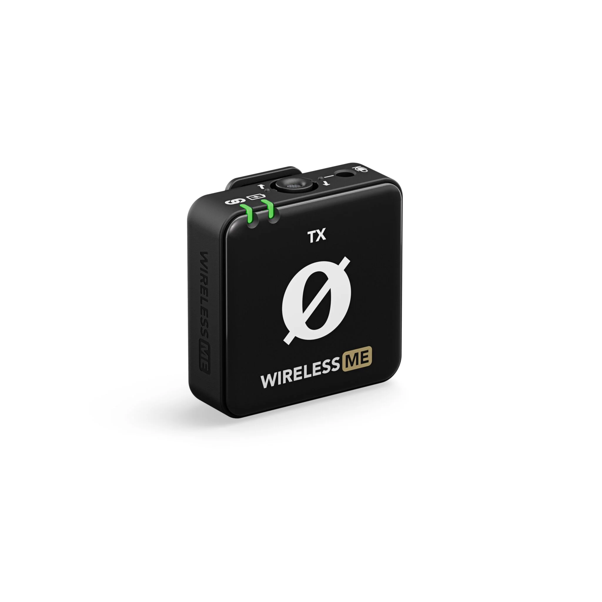 Czarny mikrofon bezprzewodowy. Tekst 'Wireless ME'. Zielone światło i biały symbol 'ø'.