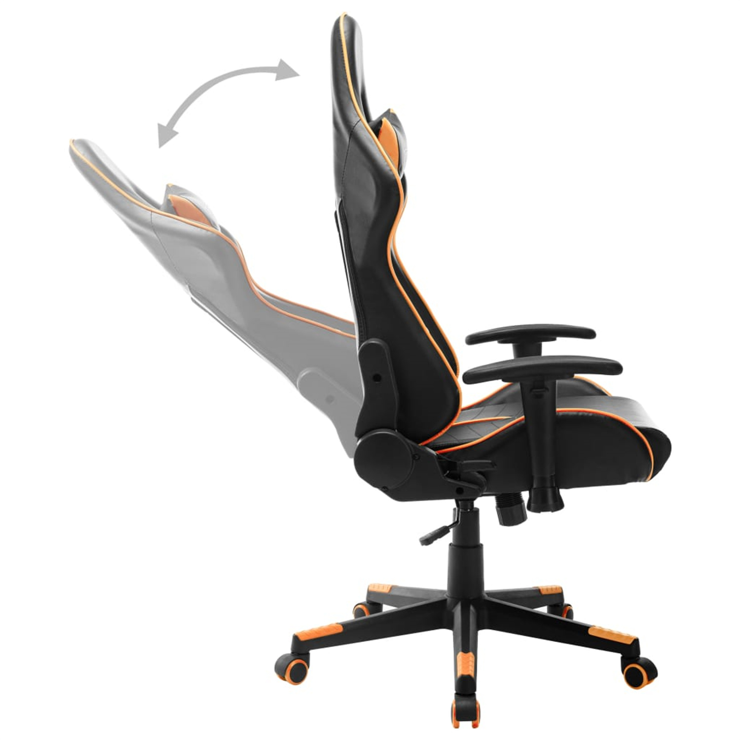 Ein schwarz-oranger Gaming-Stuhl, nach hinten abgewinkelt. Der Stuhl steht auf einem schwarzen Gestell mit orangen Rollen.