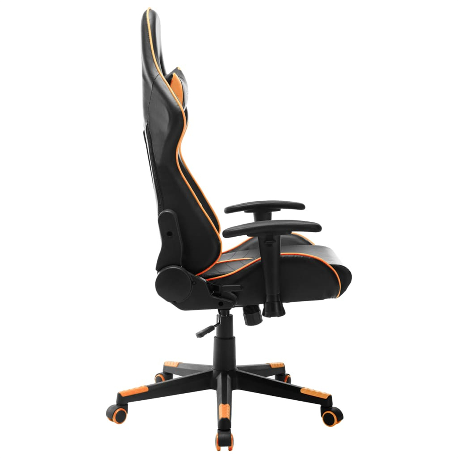 Ein schwarzer Gaming-Stuhl mit orangefarbenen Akzenten, mit hoher Rückenlehne und Armlehnen.