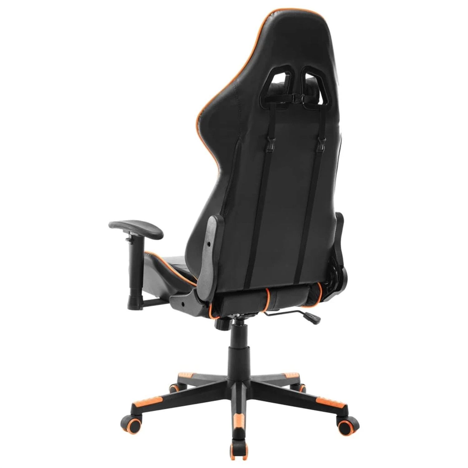 Gaming-Stuhl von hinten, schwarz mit orangefarbenen Akzenten, Rollen.