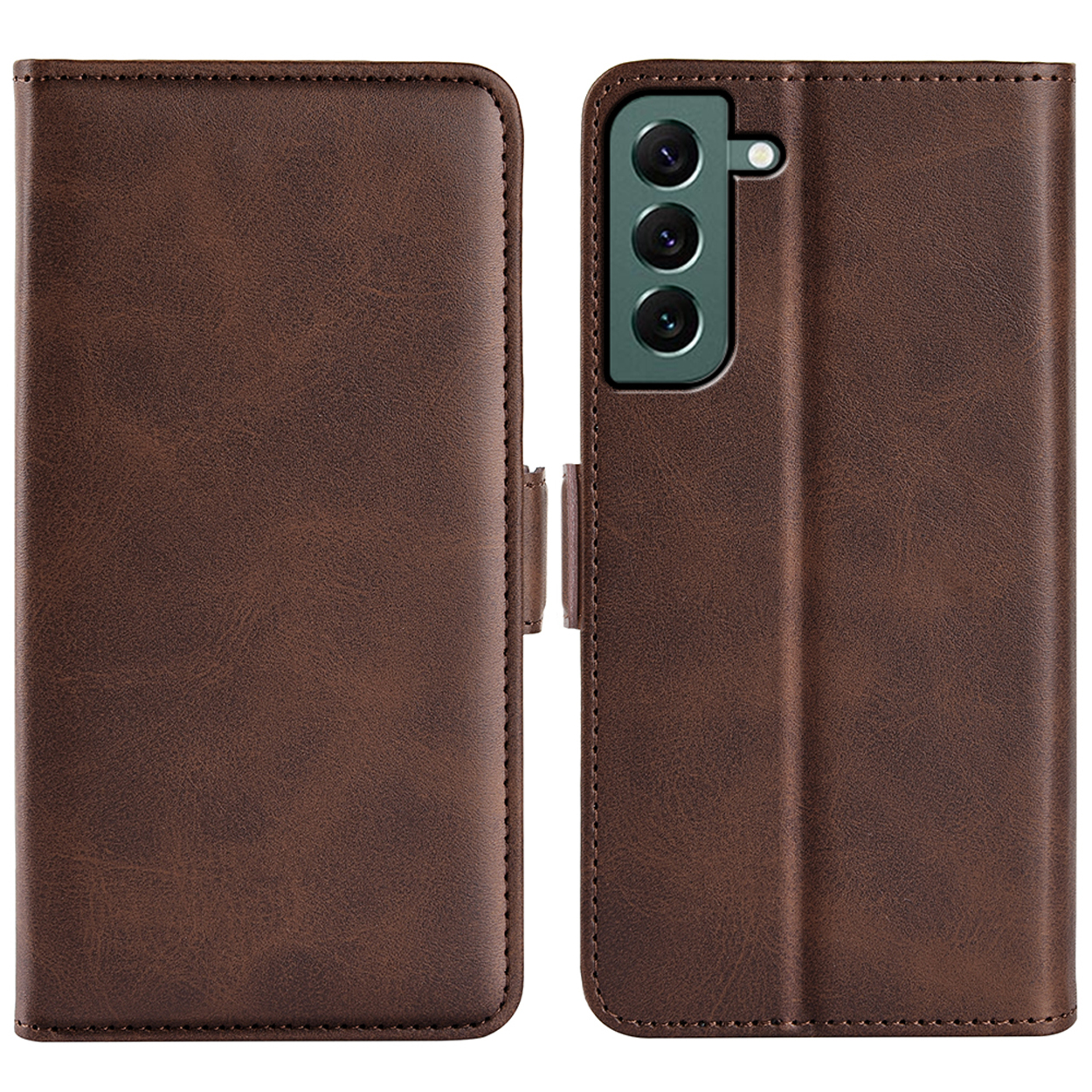 Bruine leren telefoonhoes, open en dicht. Beschikt over drie cameralenzen en een magnetische sluiting.