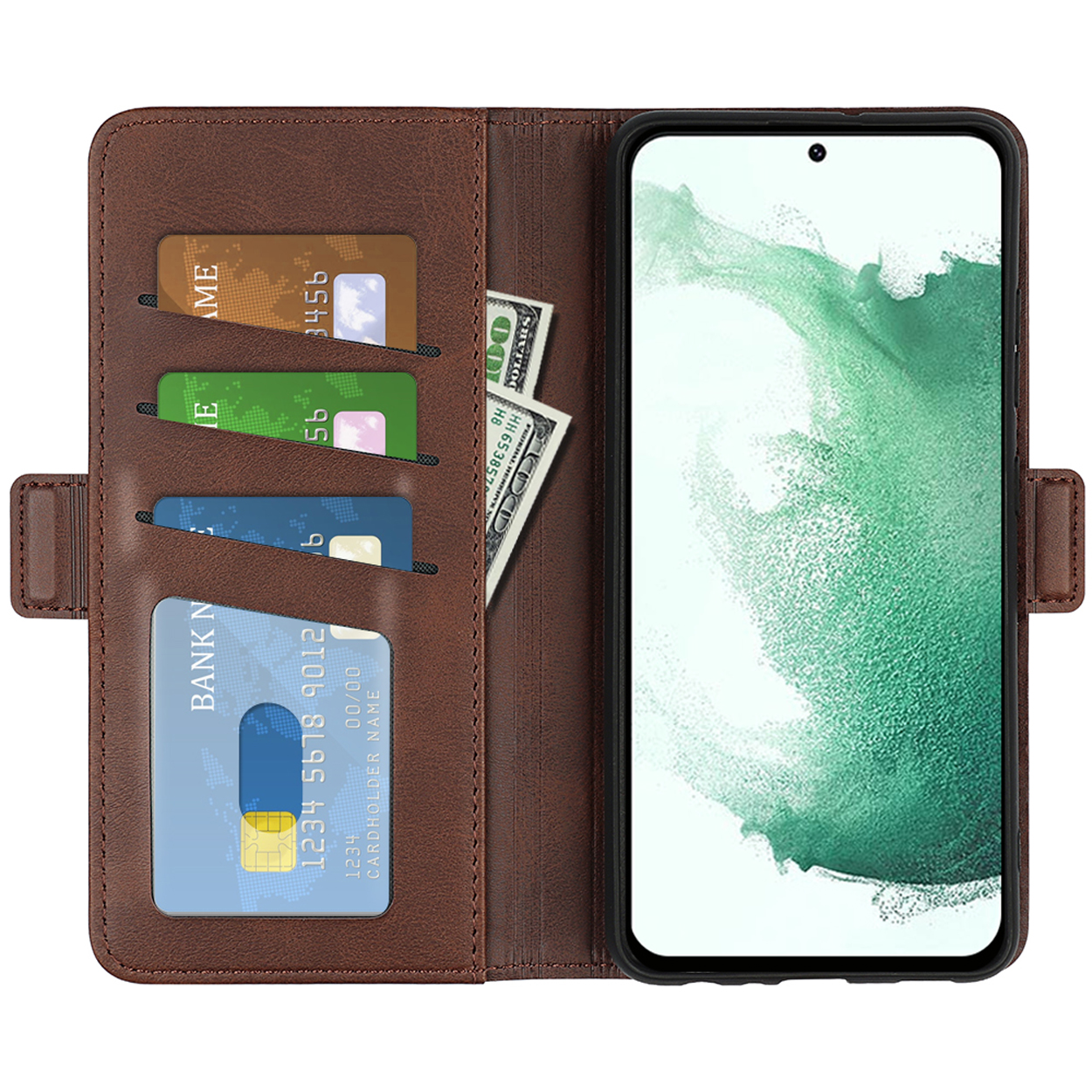 Bruine leren telefoonhoes portemonnee open, met kaarten, geld en telefoon.