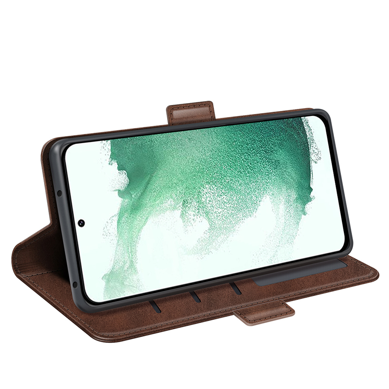 Bruine leren telefoonhoes, open, de telefoon weergevend. De hoes is ontworpen om de telefoon veilig vast te houden.