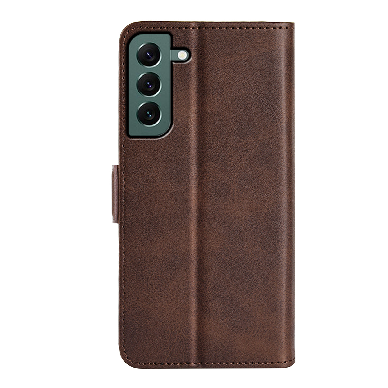 Een gesloten bruine leren telefoonhoes met de camera van de telefoon zichtbaar.