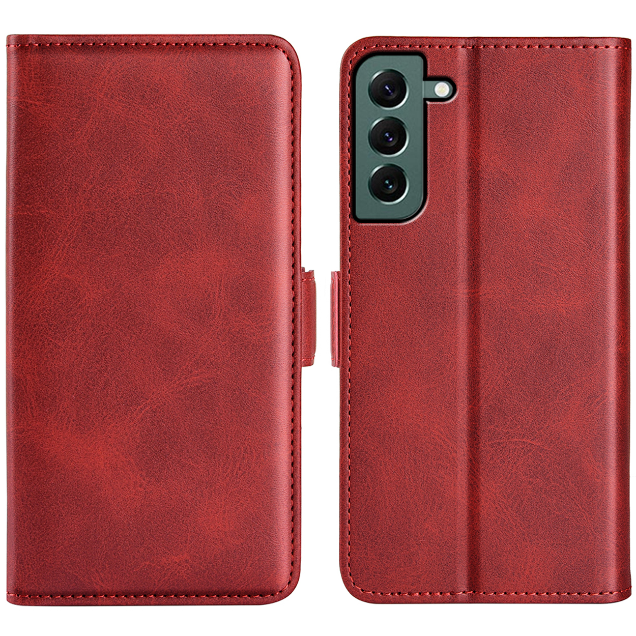 Coque de téléphone rouge, fermée, sur fond blanc. La coque a un bouton pour la fermer.
